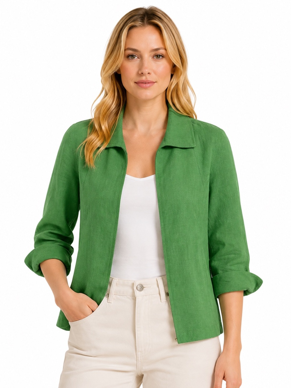 Talbots Irish Linen Open Front Jacket Blazer Size Large Petite Kelly Green